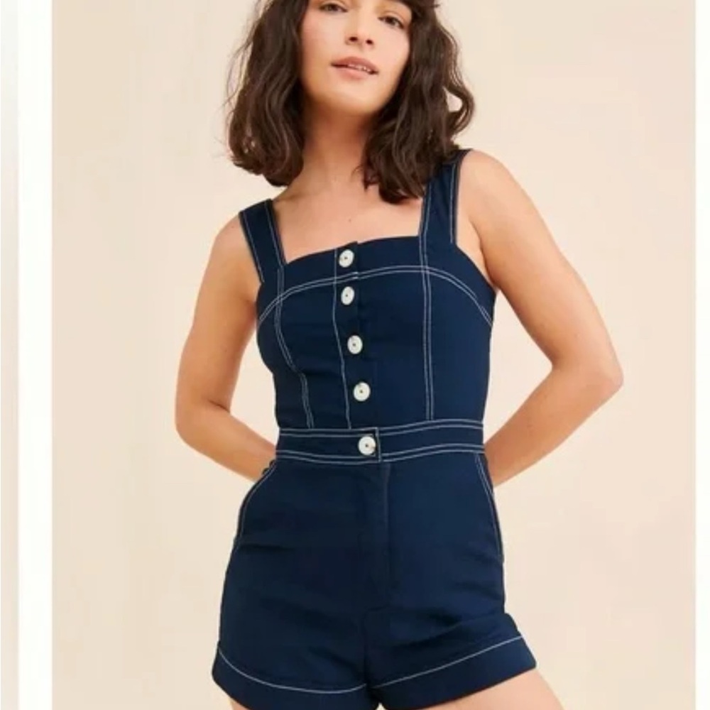 Women's Navy Button-Up Denim Romper